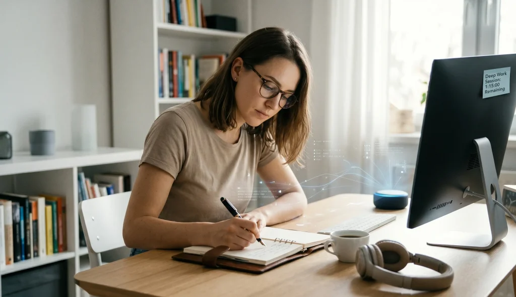 Professional knowledge worker practicing deep work and time blocking at a desk with AI-assisted productivity tools